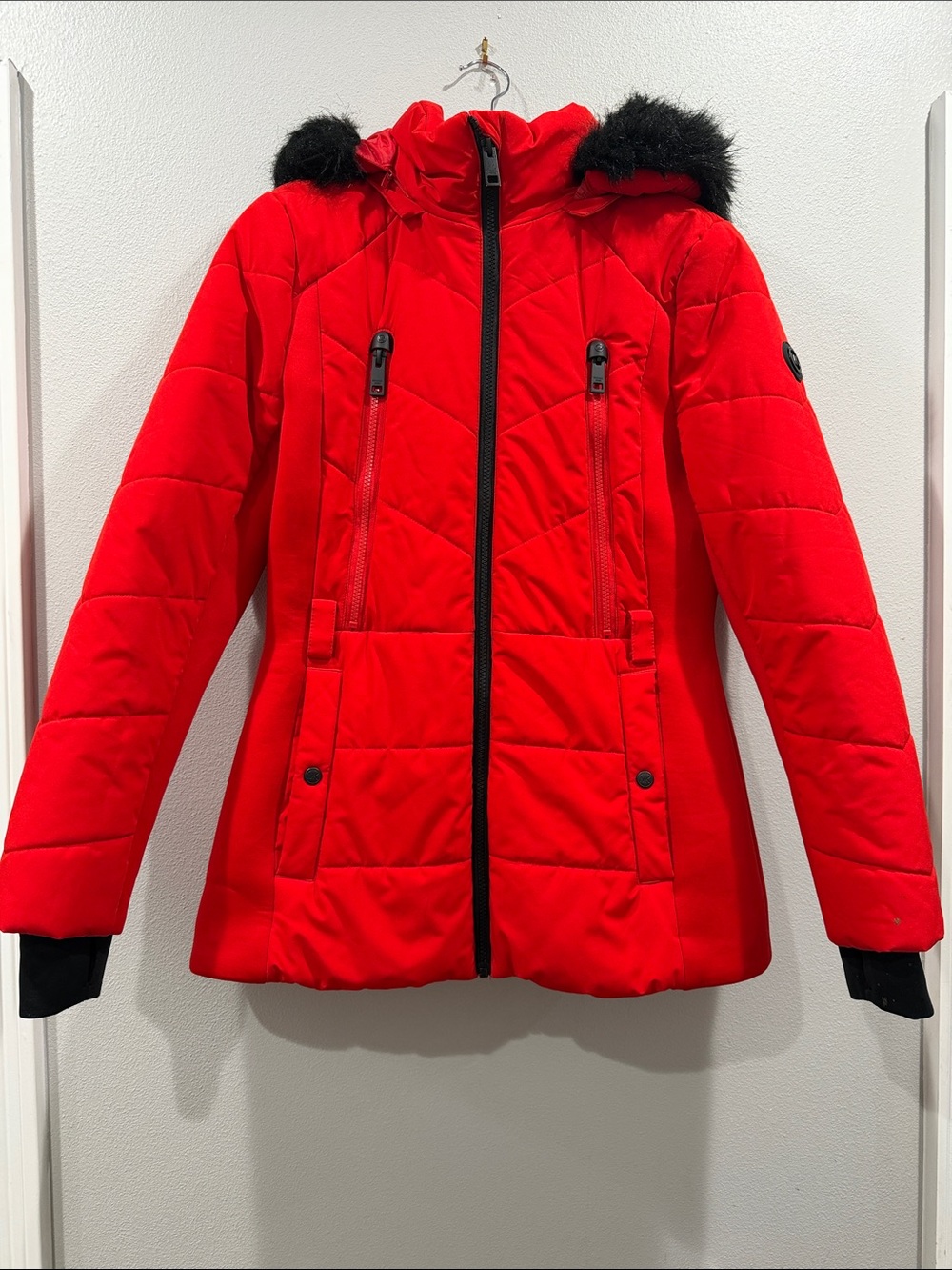 MICHAEL Michael Kors Red Quilted Hooded Puffer Jacket with Faux Fur Trim Size M